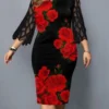 Women‘s Plus Size Curve Party Dress Floral Crew Neck Print 3/4 Length Sleeve Spring Fall Prom Dress Midi Dress Date Vacation Dress
