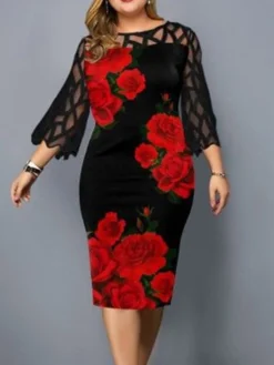 Women‘s Plus Size Curve Party Dress Floral Crew Neck Print 3/4 Length Sleeve Spring Fall Prom Dress Midi Dress Date Vacation Dress