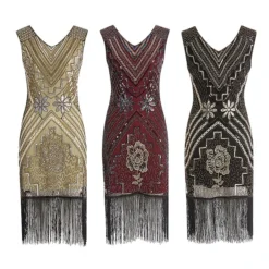 Women's Retro 1920s Fringe Dress Midi Dress Party Halloween Sequins Tassel Fringe Floral V Neck Sleeveless Regular Fit Spring Fall 2023 Black Red S M L XL