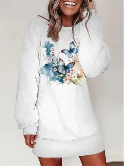 Women's Casual Dress Sweatshirt Dress Winter Dress Floral Butterfly Print Crew Neck Mini Dress Fashion Streetwear Outdoor Daily Long Sleeve Loose Fit White Blue Orange Fall Winter S M L XL XXL
