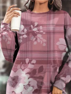 Women's Casual Dress Sweatshirt Dress Winter Dress Floral Plaid Pocket Print Crew Neck Mini Dress Fashion Streetwear Outdoor Daily Long Sleeve Loose Fit Pink Fall Winter S M L XL XXL -HANs Plus Size Style Shop iqthek1694590305080