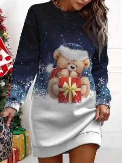Women's Christmas Casual Dress Sweatshirt Dress Mini Dress Warm Fashion OutdoorVacation Crew Neck Print Snowman Loose Fit Yellow Wine Navy Blue S M L XL XXL -HANs Plus Size Style Shop iqwtxz1695365425227