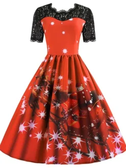 Women's Christmas Lace Dress Swing Dress Maxi Long Dress Claret Green Blue Purple Red Rose Red Short Sleeve Santa Claus Print Lace Patchwork Winter Fall Crew Neck Vintage Fashion Elegant 2022 S M L
