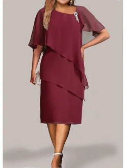 Women's Plus Size Curve Party Dress Cocktail Dress Chiffon Dress Plain Midi Dress Half Sleeve Ruffle Layered V Neck Fashion Party Blue Fall Winter L XL XXL 3XL 4XL -HANs Plus Size Style Shop irhmpo1694408076640