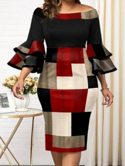 Women‘s Plus Size Curve Work Dress Bodycon Sheath Dress Plaid Midi Dress 3/4 Length Sleeve Backless Crew Neck Fashion Office Red Fall Spring XL XXL 3XL 4XL 5XL