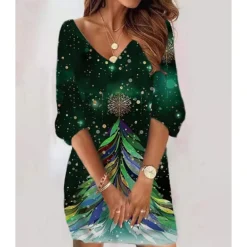 Women‘s Christmas Sweatshirt Dress Winter Dress Short Mini Dress Black 3/4 Length Sleeve Hat Print Fall Winter V Neck Vacation Casual 2022 S M L XL XXL 3XL -HANs Plus Size Style Shop irtpbi1666786453820