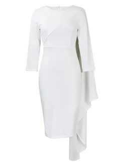 Women‘s Plus Size Curve Work Dress Bodycon Sheath Dress Solid Color Midi Dress Long Sleeve Crew Neck Fashion Outdoor White Red Fall Spring L XL XXL 3XL -HANs Plus Size Style Shop irwimq1676871080437