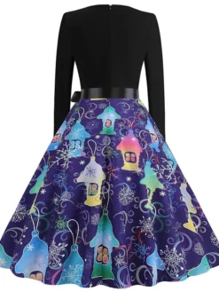 Women's Christmas Casual Dress Swing Dress Midi Dress Blue Purple Royal Blue Light Blue White Long Sleeve Santa Claus Elk Tree Bow Print Winter Fall V Neck Vacation Vintage 2022 S M L XL -HANs Plus Size Style Shop irxdvz1666927316615