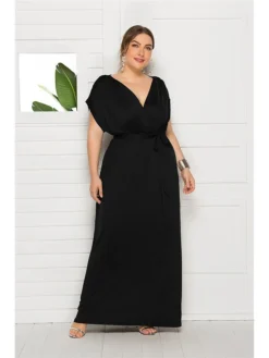 Women's Plus Size Party Dress Solid Color V Neck Short Sleeve Summer Spring Elegant Casual Prom Dress Maxi Long Dress Party Daily Dress -HANs Plus Size Style Shop iskxtw1597046653482