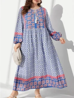 Women's Plus Size Work Dress Shift Dress Fashion Long Dress Maxi Dress Patchwork Print Off Shoulder Long Sleeve Floral Color Block Loose Fit Blue Fall L XL XXL 3XL 4XL -HANs Plus Size Style Shop isofli1693300567619