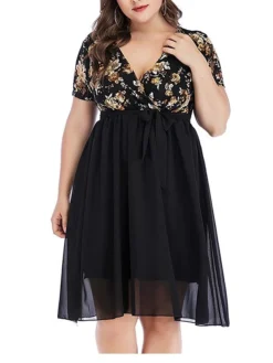 Women‘s Plus Size Curve Party Dress Cocktail Dress Wedding Guest Dress Midi Dress Black Wine Short Sleeve Floral Lace Up Summer Spring Fall V Neck Fashion Birthday Wedding Guest Vacation 2023 -HANs Plus Size Style Shop isqjyi1691399395612