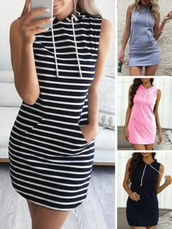 Women's Casual Dress Hoodie Dress Sheath Dress Mini Dress Black Pink Navy Blue Sleeveless Striped Pocket Spring Fall Winter Hooded Basic 2023 S M L XL XXL