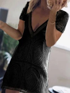 Women's Casual Dress Lace Dress Sundress Plain Lace Backless V Neck Mini Dress Fashion Streetwear Outdoor Street Short Sleeve Regular Fit Black White Red Summer Spring S M L XL XXL -HANs Plus Size Style Shop itsgij1681124142226