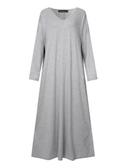 Women‘s Plus Size Casual Dress Caftan Dress Solid Color V Neck Long Sleeve Winter Fall Basic Casual Maxi Long Dress Daily Vacation Dress -HANs Plus Size Style Shop itwuwo1666342641816