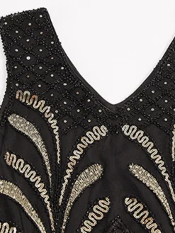 Women's Retro 1920s Fringe Dress Midi Dress Party Halloween Sequins Tassel Fringe Floral V Neck Sleeveless Regular Fit Spring Fall 2023 Black Gold S M L XL -HANs Plus Size Style Shop itydfj1692947812356