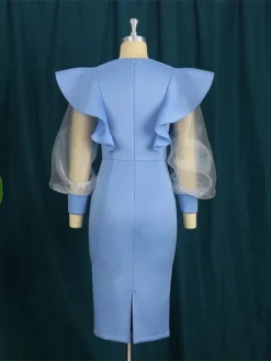 Women's Plus Size Curve Party Dress Work Dress Bodycon Plain Midi Dress Long Sleeve Ruffle Mesh Crew Neck Fashion Party Sky Blue Fall Winter XL XXL 3XL 4XL -HANs Plus Size Style Shop iuaoin1694425965243