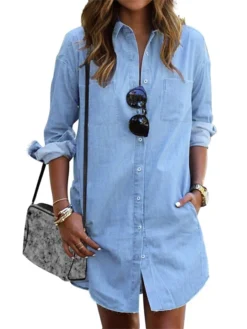 Women's Denim Dress Shirt Dress Shift Dress Mini Dress Outdoor Winter Dress Daily Cotton Denim Casual Shirt Collar Button Pocket Long Sleeve Summer Spring Fall 2023 Regular Fit Black Army Green Dark -HANs Plus Size Style Shop iubaiq1653299659457