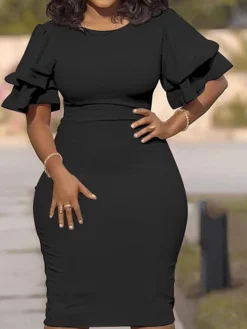 Women‘s Plus Size Curve Work Dress Bodycon Sheath Dress Solid Color Midi Dress Short Sleeve Ruffle Crew Neck Fashion Office Black White Summer Spring XL XXL 3XL 4XL 5XL -HANs Plus Size Style Shop iudcsj1677650844709
