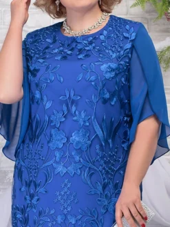 Women‘s Plus Size Curve Party Dress Lace Dress Cocktail Dress Midi Dress Blue 3/4 Length Sleeve Leaf Lace Summer Spring Fall Crew Neck Fashion Birthday Wedding Guest Vacation 2023 -HANs Plus Size Style Shop ivfwzm1691464186756