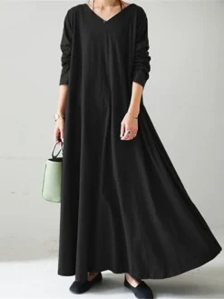 Women's Long Dress Maxi Dress Casual Dress Shift Dress Swing Dress Pure Color Casual Classic Daily Weekend Pocket Long Sleeve V Neck Dress Loose Fit Black Yellow Navy Blue Winter Fall S M L XL XXL -HANs Plus Size Style Shop ivhraz1672293426561