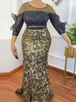 Women‘s Plus Size Curve Party Dress Solid Color Crew Neck Long Sleeve Winter Fall Elegant Formal Maxi Long Dress Party Evening Party Dress