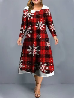 Women's Plus Size Curve Christmas Dress Casual Dress Skater Dress Plaid Snowflake Midi Dress Long Sleeve Print Crew Neck Fashion Outdoor Wine Gray Fall Winter L XL XXL 3XL 4XL