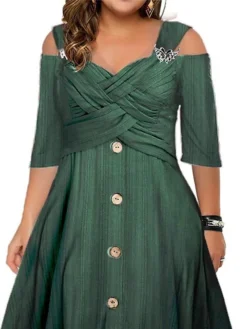 Women‘s Plus Size Curve Party Dress Swing Dress A Line Dress Solid Color Long Dress Maxi Dress Half Sleeve Button Twist Strap Fashion Party Green Summer Spring L XL XXL 3XL 4XL -HANs Plus Size Style Shop ivsgst1681729953955