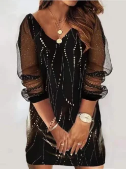 Women‘s Plus Size Curve Holiday Dress Floral V Neck Mesh Long Sleeve Fall Spring Casual Mini Dress Casual Daily DressSheath DressBlack DressPrint -HANs Plus Size Style Shop ivzzyy1647491218381