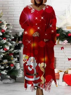 Women‘s Plus Size Christmas Dress Santa Claus V Neck Long Sleeve Winter Fall Modern Maxi Long Dress Daily Dress -HANs Plus Size Style Shop iwdcfz1668158235056