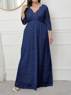 Women's Plus Size Curve Party Dress Lace Dress Formal Dress Solid Color Long Dress Maxi Dress 3/4 Length Sleeve Lace V Neck Fashion Wedding Black White Spring Fall XL XXL 3XL 4XL 5XL -HANs Plus Size Style Shop iwimog1693533320950