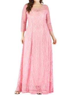 Women‘s Plus Size Curve Party Dress Solid Color Crew Neck Lace 3 4 Length Sleeve Spring Fall Casual Prom Dress Maxi Long Dress PartyEvening Casual Dress -HANs Plus Size Style Shop iwlaze1634963335373