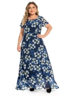 Women‘s Plus Size Curve Casual Dress Swing Dress A Line Dress Floral Long Dress Maxi Dress Short Sleeve Mesh Print Crew Neck Elegant Daily Dark Blue Summer Spring L XL XXL 3XL 4XL -HANs Plus Size Style Shop iwlryo1694769237053