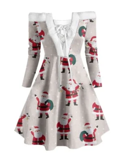 Women's Christmas Swing Dress Vintage Dress Mini Dress Green Blue Light Green Beige Gray Black Long Sleeve Santa Claus Snowman Snowflake Backless Feather Print Winter Fall Off Shoulder Stylish Elegant -HANs Plus Size Style Shop iwltpm1666343933744