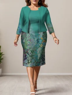 Women's Plus Size Curve Casual Dress Dress Set Two Piece Dress Floral Midi Dress Long Sleeve Print Crew Neck Fashion Outdoor Blue Fall Winter L XL XXL 3XL 4XL