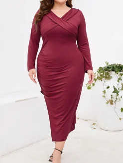 Women‘s Plus Size Curve Party Dress Cocktail Dress Bodycon Midi Dress Black Wine Purple Long Sleeve Pure Color Ruched Spring Fall Winter V Neck Fashion Winter Dress Birthday Wedding Guest 2023 -HANs Plus Size Style Shop iwrgyn1691464076545