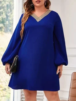 Women's Plus Size Curve Party Dress Cocktail Dress Wedding Guest Dress Midi Dress Blue Long Sleeve Color Block Patchwork Spring Fall Winter V Neck Fashion Birthday Wedding Guest Vacation XL XXL 3XL -HANs Plus Size Style Shop iwsjid1692170753535