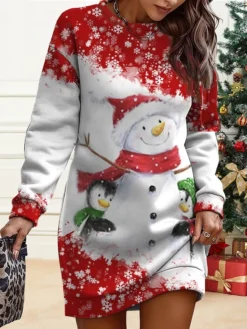 Women's Christmas Casual Dress Sweatshirt Dress Mini Dress Warm Fashion OutdoorVacation Crew Neck Print Snowman Loose Fit Black White Burgundy S M L XL XXL -HANs Plus Size Style Shop iwzciy1695644498522