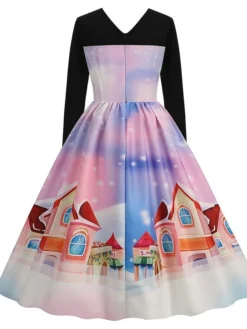 Women‘s Christmas Retro Elegant Vintage Dress Midi Dress Party Ruched Patchwork Santa Claus Crew Neck Long Sleeve Regular Fit Fall Winter 2023 Black Red S M L XL -HANs Plus Size Style Shop iwzshc1694426166356