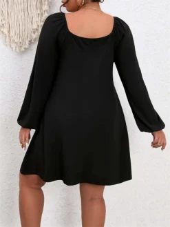 Women‘s Plus Size Curve Party Dress Black Dress Semi Formal Dress Mini Dress Black Long Sleeve Pure Color Patchwork Spring Fall Winter Square Neck Fashion Winter Dress Birthday Wedding Guest 2023 -HANs Plus Size Style Shop ixkswi1691572024208