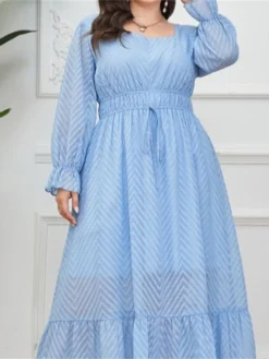 Women's Plus Size Prom Dress Party Dress Corset Dress Long Dress Maxi Dress Light Blue Long Sleeve Pure Color Drawstring Fall Winter Autumn Square Neck Fashion Winter Dress Evening Party Wedding Guest -HANs Plus Size Style Shop ixthzv1693535311565