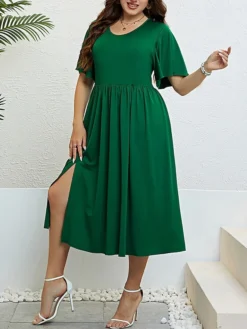 Women‘s Plus Size Curve Party Dress Cocktail Dress Wedding Guest Dress Midi Dress Green Short Sleeve Pure Color Split Summer Spring Fall Crew Neck Fashion Birthday Wedding Guest Vacation 2023 -HANs Plus Size Style Shop ixxkax1691738817600