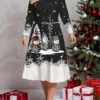 Women's Plus Size Curve Casual Dress Winter Dress Skater Dress Santa Claus Snowman Midi Dress Long Sleeve Print Crew Neck Fashion Outdoor Black White Fall Winter L XL XXL 3XL 4XL