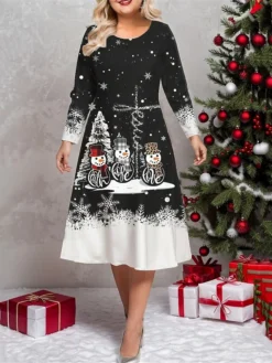Women's Plus Size Curve Casual Dress Winter Dress Skater Dress Santa Claus Snowman Midi Dress Long Sleeve Print Crew Neck Fashion Outdoor Black White Fall Winter L XL XXL 3XL 4XL