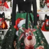 Women's Christmas Casual Dress Swing Dress Midi Dress Green Wine Light Red Fuchsia Red Long Sleeve Santa Claus Elk Bow Print Winter Fall V Neck Vacation Vintage 2022 S M L XL XXL 3XL