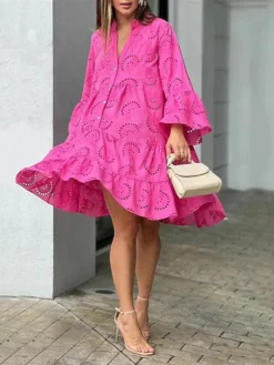 Women's Casual Dress White Dress Summer Dress Mini Dress Button Eyelet Daily Holiday Date Fashion Basic Split Neck Long Sleeve 2023 Loose Fit White Yellow Pink Color S M L XL XXL Size -HANs Plus Size Style Shop iylgcd1685016735536