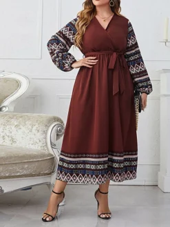 Women's Plus Size Party Dress Wedding Guest Dress Empire Waist Dresses Long Dress Maxi Dress Brown Long Sleeve Geometric Patchwork Spring Fall Winter V Neck Fashion Winter Dress Evening Party Wedding