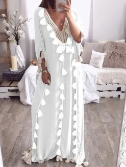 Women's Long Dress Maxi Dress Casual Dress Swing Dress Kaftan Dress Print Fashion Streetwear Outdoor Daily Vacation Tassel Fringe Patchwork Short Sleeve V Neck Dress Loose Fit Black White Light Purple -HANs Plus Size Style Shop iyonnm1676277795121