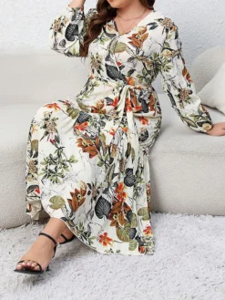 Women's Casual Dress Swing Dress Print Dress Leaf Floral Ruffle Print V Neck Long Dress Maxi Dress Fashion Streetwear Outdoor Daily Long Sleeve Regular Fit Blue Apricot Fall Winter XL XXL 3XL 4XL -HANs Plus Size Style Shop izdndm1697539483485