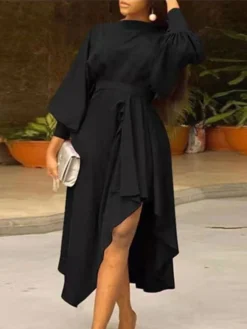 Women‘s Party Dress Work Dress A Line Dress Midi Dress Black Fuchsia Green Long Sleeve Pure Color Ruched Winter Fall Spring Crew Neck Fashion Winter Dress Office Daily 2023 S M L XL XXL 3XL