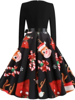 Women's Christmas Knee Length Dress Wine Green Orange Black Red Brown Navy Blue Long Sleeve Print Bow Print Fall Winter V Neck Casual Vintage2021 S M L XL XXL 3XL -HANs Plus Size Style Shop izumot1629971425482